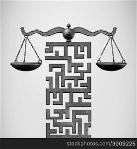 Justice Solution and legal direction concept as a justice scale shaped as a maze or labyrinth as a 3D illustration.