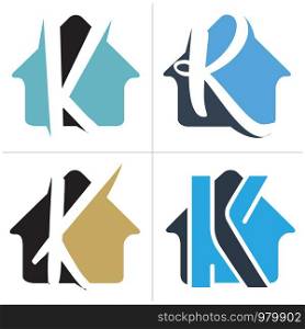 K letter logo design. Letter k in house shape vector illustration.