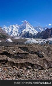 K2 and Broadpeak mountain behind Baltoro glacier, K2 Base Camp, Pakistan