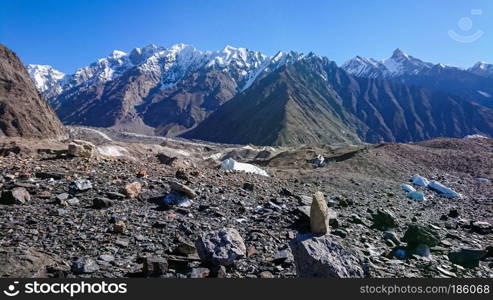 K2 and Broadpeak mountain behind Baltoro glacier, K2 Base Camp, Pakistan