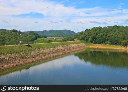 Kaeng Krachan Dam, Thailand, asphalt road and blue sky on top of DAM