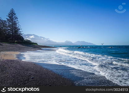 Kaikoura beach and cliffs in New Zealand. Kaikoura beach, New Zealand