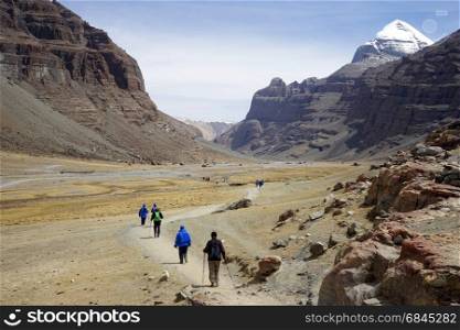 Kailash mount and backpackers in Tibet, China