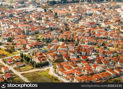 Kalabaka Greek town orange building roofs, aerial view, Kalampaka, Trikala, Thessaly, Greece