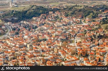 Kalabaka Greek town orange building roofs, aerial view, Kalampaka, Trikala, Thessaly, Greece