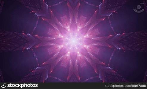 Kaleidoscopic 3D illustration of abstract background with round crystal ornament shining with purple light. 3D illustration of purple crystal ornament