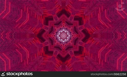 Kaleidoscopic 3d illustration of abstract background with symmetric ornament of vibrant pink color. 3D illustration pink abstract background