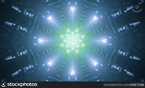 Kaleidoscopic 3D illustration of bright green and blue l&s illuminating abstract crystal tunnel. 3D illustration of symmetric tunnel with l&s