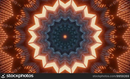 Kaleidoscopic 3D illustration of bright orange lights shining and forming abstract star shaped ornament. 3D illustration of abstract shiny ornament