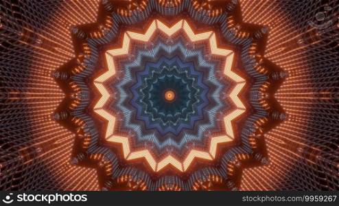 Kaleidoscopic 3D illustration of creative star shaped tunnel glowing with bright orange lights. 3D illustration of shiny orange tunnel