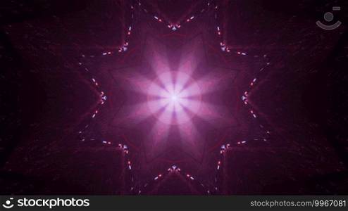 Kaleidoscopic 3D illustration of dark abstract background of star shaped ornament with purple glitter. 3D illustration of purple star shaped ornament with glitter
