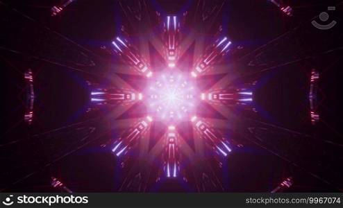 Kaleidoscopic 3D illustration of dark abstract background with glowing pink and violet fractal ornament. 3D illustration of shiny fractal ornament