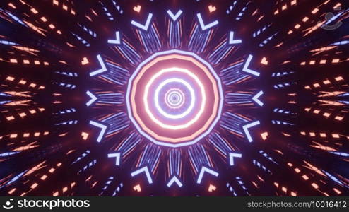 Kaleidoscopic 3d illustration of glowing circles and geometrical shapes forming perspective tunnel on black background. Abstract 3d illustration of spherical geometric tunnel