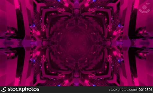 Kaleidoscopic 3d illustration of purple square with ornamental curvy corners forming geometrical abstraction. Futuristic 3d illustration of purple square with ornamental corners