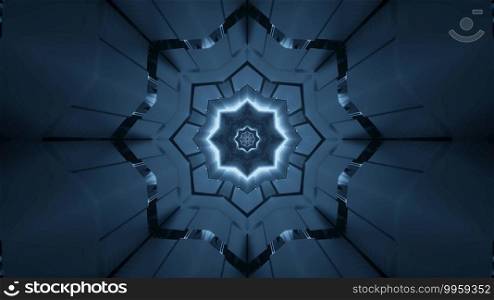 Kaleidoscopic 3D illustration of symmetric dark blue star shaped ornament forming abstract tunnel. 3D illustration of dark star shaped ornament