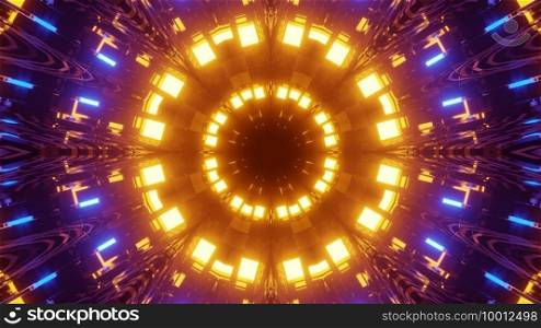 Kaleidoscopic abstract 3d illustration of colorful reflecting dynamic circles illuminated by bright yellow and blue lights and forming narrow perspective corridor on dark background. Iridescent 3d illustration of repeating glowing circles