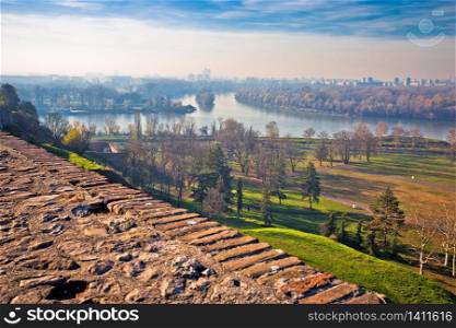 Kalemegdan old town and Sava and Danube river mouth in Belgrade view, capital of Serbia