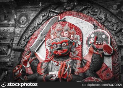 Kali statue in Kathmandu in the central square. black and white photography. Kali statue in Kathmandu