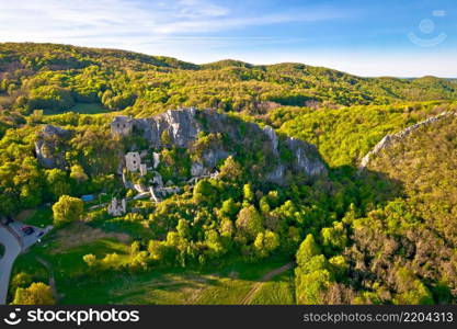 Kalnik mountain and fortress ruins aerial view, Prigorje region of Croatia