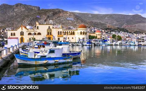 Kalymnos- beautiful Greek island of the Dodecanese, Greece. View of downtown Pothia and harbour. Travel in Greece - picturesque Kalymnos island