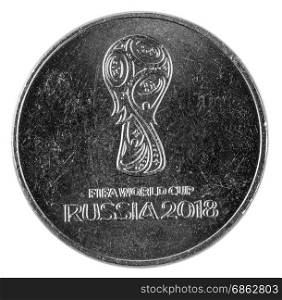 Kamchatka, Russia- July 12, 2017: Russian coin denomination of 25 rubles issued in honor of the Cup of the Confederation of Soccer