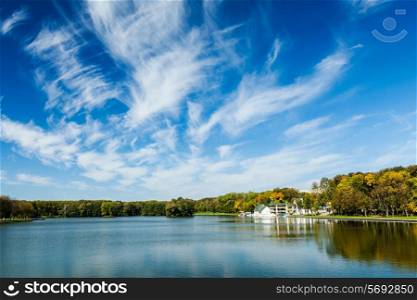 Kamsamolskaje Voziera artificial lake with blue sky in Minsk, Belarus