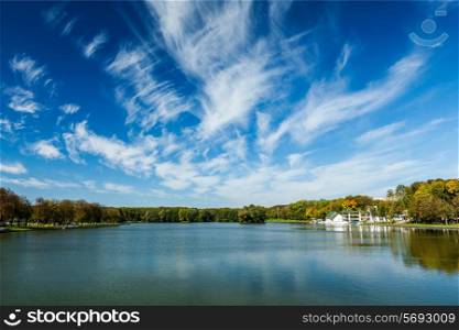 Kamsamolskaje Voziera artificial lake with blue sky in Minsk, Belarus