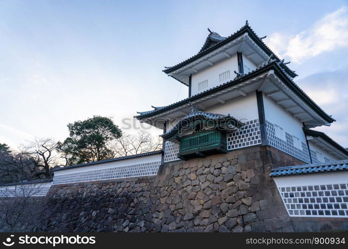 Kanazawa, Japan - February 14, 2019: Sunset at Kanazawa Castle in Kanazawa, Ishikawa Prefecture, Japan.