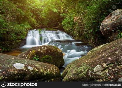 Kang Han Nam Waterfall in Tropical Rainforest Landscape at Phuhinrongkla National Park Nakhon Thai District in Phitsanulok, Thailand.