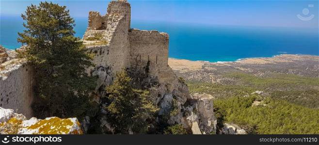 Kantara, Cyprus - June 29, 2018: Castle of Kantara, the easternmost castle of the three Pentadaktylos mountain range castles in the Ammochostos district in Cyprus. Built at 2068ft it commands both the northern coast and the Mesaoria plain and controls the entrance to the Karpas peninsula. Like the castles of St. Hilarion and Buffavento, it was first built in the Byzantine period after the Arab raids.