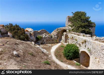 Kantara, Cyprus - June 29, 2018: Castle of Kantara, the easternmost castle of the three Pentadaktylos mountain range castles in the Ammochostos district in Cyprus. Built at 2068ft it commands both the northern coast and the Mesaoria plain and controls the entrance to the Karpas peninsula. Like the castles of St. Hilarion and Buffavento, it was first built in the Byzantine period after the Arab raids.