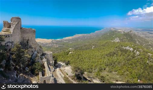Kantara, Cyprus - June 29, 2018: Panorama of the castle of Kantara, the easternmost castle of the three Pentadaktylos mountain range castles in the Ammochostos district in Cyprus. Built at 2068ft it commands both the northern coast and the Mesaoria plain and controls the entrance to the Karpas peninsula. Like the castles of St. Hilarion and Buffavento, it was first built in the Byzantine period after the Arab raids.