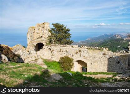Kantara, Cyprus - June 29, 2018: The castle of Kantara, the easternmost castle of the three Pentadaktylos mountain range castles in the Ammochostos district in Cyprus.