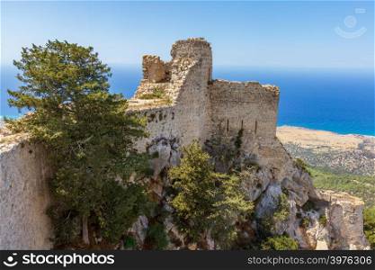 Kantara, Cyprus - June 29, 2018: The castle of Kantara, the easternmost castle of the three Pentadaktylos mountain range castles in the Ammochostos district in Cyprus. Built at 2068ft it commands both the northern coast and the Mesaoria plain and controls the entrance to the Karpas peninsula. Like the castles of St. Hilarion and Buffavento, it was first built in the Byzantine period after the Arab raids.