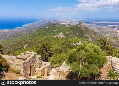 Kantara, Cyprus - June 29, 2018: Viiew from Kantara Castle overlooking the sea on Kyrenia mountain range, and LKarpasia peninsula, Cyprus