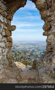 Kantara, Cyprus - June 29, 2018: Window view from the castle of Kantara, the easternmost castle of the three Pentadaktylos mountain range castles in the Ammochostos district in Cyprus.