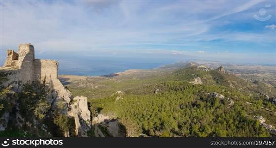 Kantara, Cyprus - November 27, 2018: Panorama of the castle of Kantara, the easternmost castle of the three Pentadaktylos mountain range castles in the Ammochostos district in Cyprus.