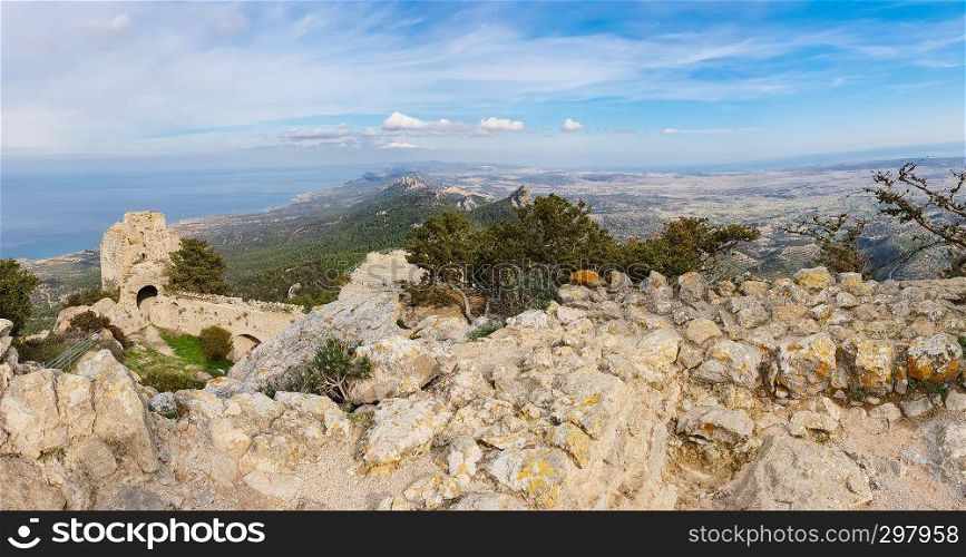 Kantara, Cyprus - November 27, 2018: Panorama of the castle of Kantara, the easternmost castle of the three Pentadaktylos mountain range castles in the Ammochostos district in Cyprus.