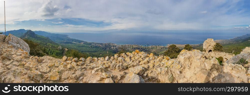 Kantara, Cyprus - November 27, 2018: Wide panorama of the castle of Kantara, the easternmost castle of the three Pentadaktylos mountain range castles in the Ammochostos district in Cyprus.