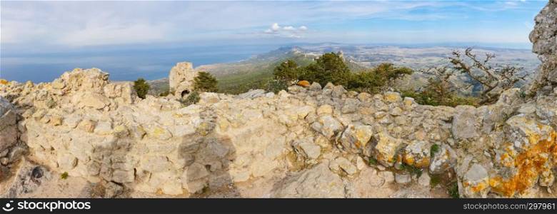 Kantara, Cyprus - November 27, 2018: Wide panorama of the castle of Kantara, the easternmost castle of the three Pentadaktylos mountain range castles in the Ammochostos district in Cyprus.