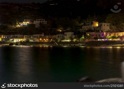 Kapsali bay and village at night, Kithira island, Greece.. Kapsali Bay and village at night, Kithira island, Greece