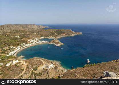 Kapsali bay and village view from Chora castle. The Greek island of Kythira.. Kapsali bay and village from Chora castle. The Greek island of Kythira.