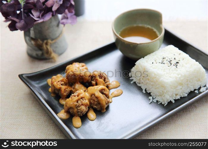 karaage fried chicken with rice japanese food