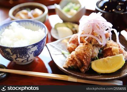 karaage with rice and soup japanese food