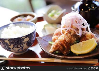 karaage with rice and soup japanese food