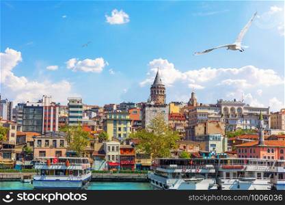 Karakoy district and the Galata Tower, view from the Bosphorus, Istanbul, Turkey.. Karakoy district and the Galata Tower, view from the Bosphorus, Istanbul, Turkey