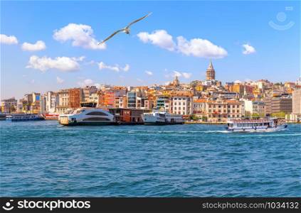 Karakoy district with famous Galata Tower of Istanbul, Turkey.