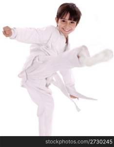 Karate boy excercising isolated white background