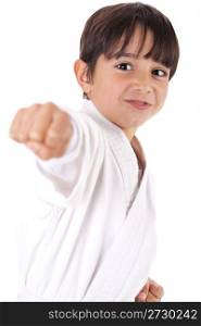 Karate boys giving punch against white background