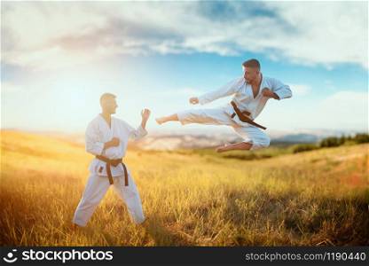 Karate fighters, kick in flight on training fight in summer field. Martial art fighters on workout outdoor, technique practice